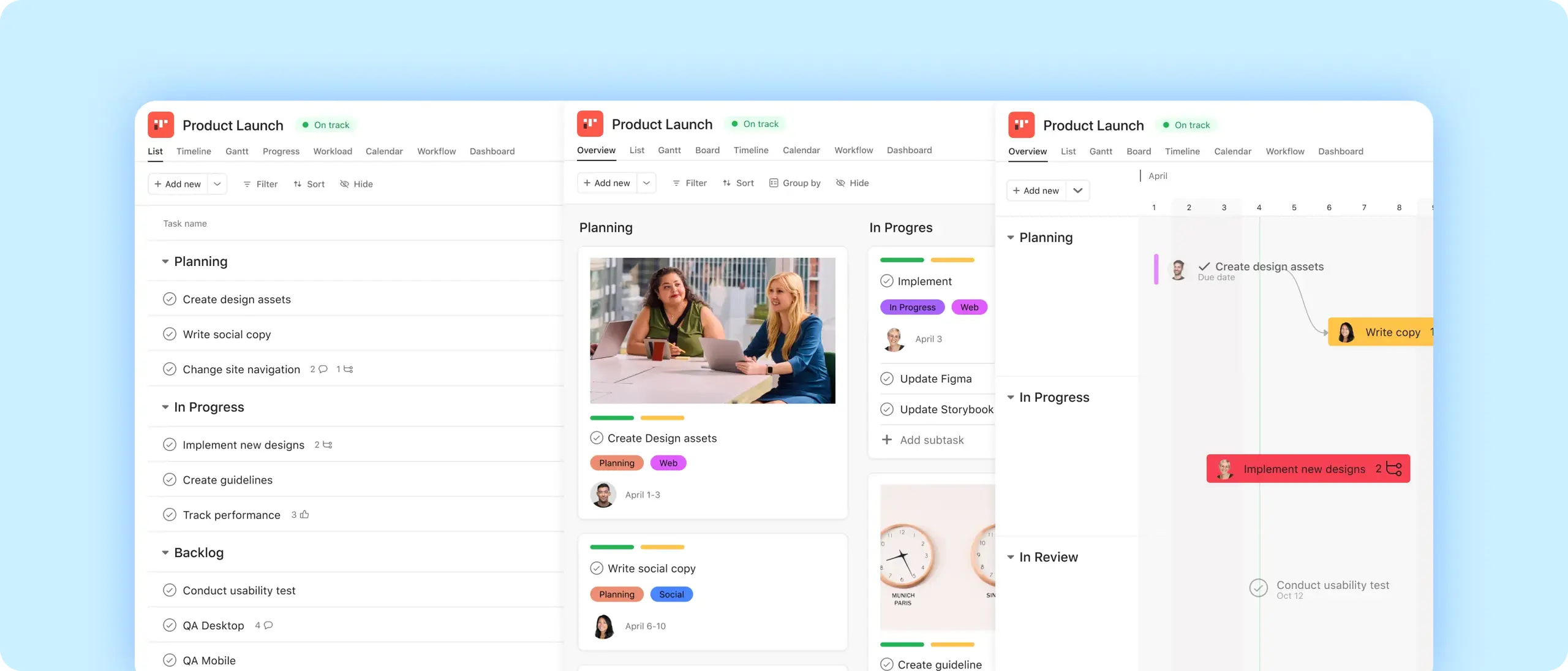 monday.com vs Asana (2026): Pricing, Features & Key Differences 3 Asana project views showing list, board and timeline interfaces