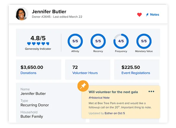 Neon CRM donor account dashboard interface